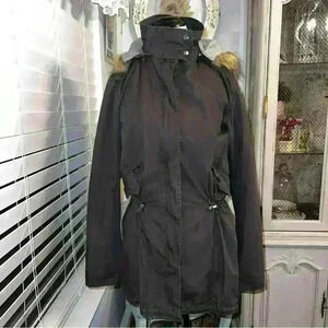 Express Army green utility jacket with detachable hood and inner faux fur vest